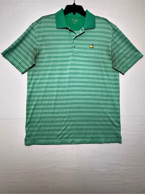 Masters Tech Green Striped Performance Golf Polo Green & White Medium